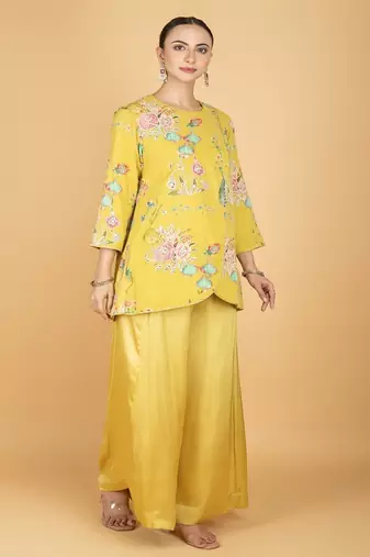 Yellow floral printed cotton silk co ord set