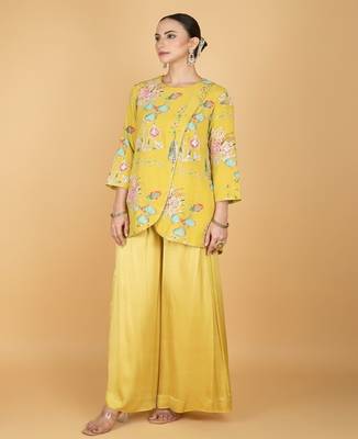 Yellow floral printed cotton silk co ord set 4