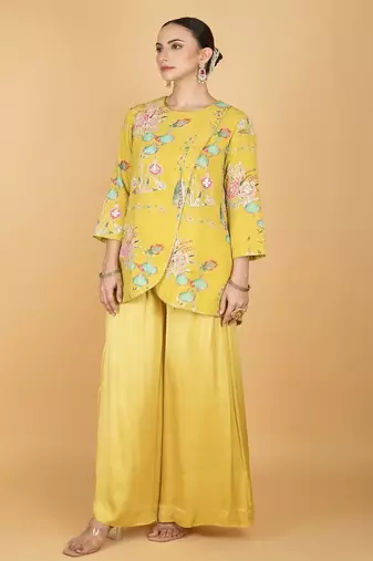 Yellow floral printed cotton silk co ord set