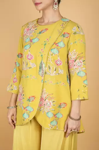 Yellow floral printed cotton silk co ord set