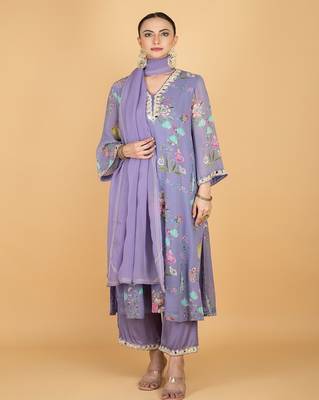 Purple floral printed crepe kurta set 1