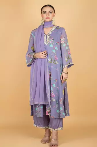Purple floral printed crepe kurta set