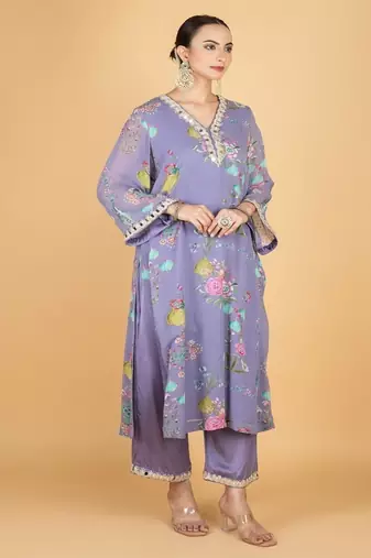 Purple floral printed crepe kurta set