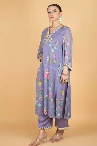 Purple floral printed crepe kurta set