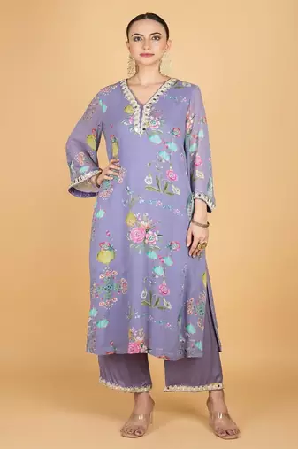 Purple floral printed crepe kurta set