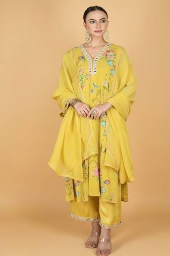 Yellow floral printed crepe kurta set