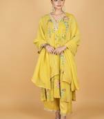 Yellow floral printed crepe kurta set