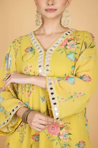 Yellow floral printed crepe kurta set