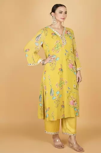 Yellow floral printed crepe kurta set