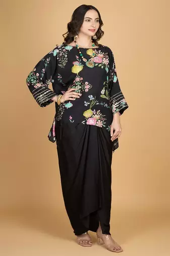 Black floral printed cotton silk co ord set