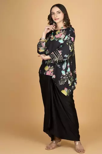 Black floral printed cotton silk co ord set