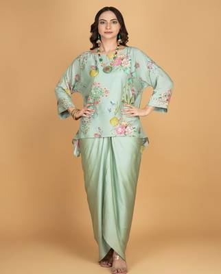 Green floral printed cotton silk co ord set 1