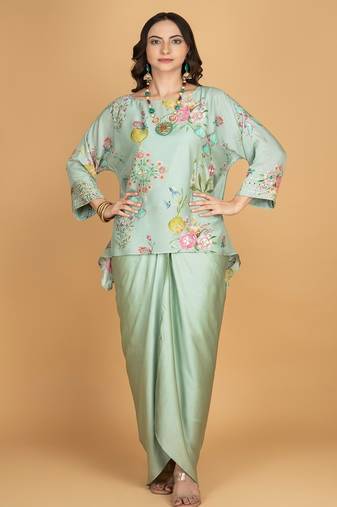 Green floral printed cotton silk co ord set