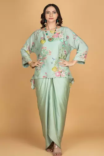 Green floral printed cotton silk co ord set