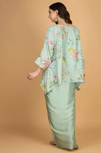 Green floral printed cotton silk co ord set