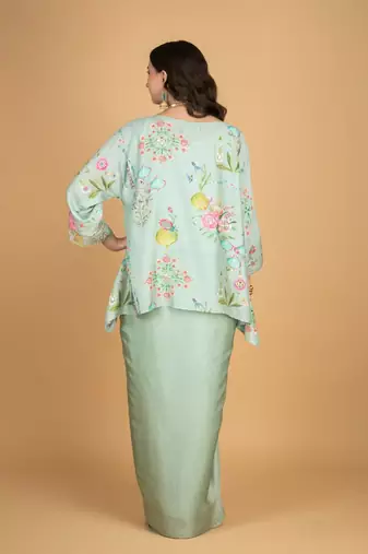 Green floral printed cotton silk co ord set