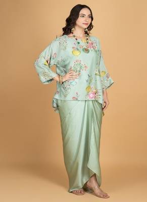 Green floral printed cotton silk co ord set 4