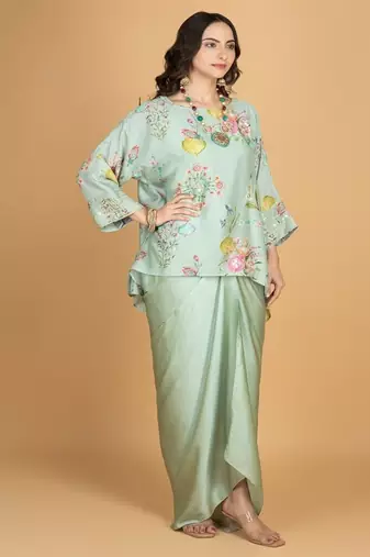 Green floral printed cotton silk co ord set