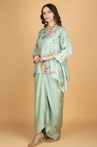 Green floral printed cotton silk co ord set