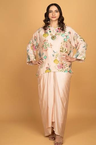 Pink floral printed cotton silk co ord set