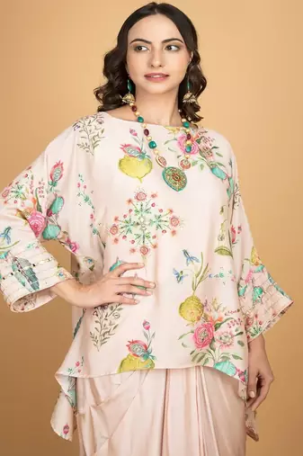Pink floral printed cotton silk co ord set