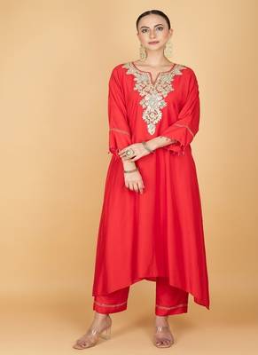 Red floral embroidered cotton silk Kurta Set 1