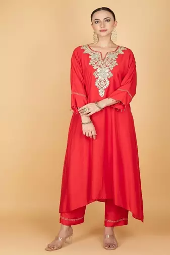 Red floral embroidered cotton silk Kurta Set