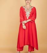 Red floral embroidered cotton silk Kurta Set