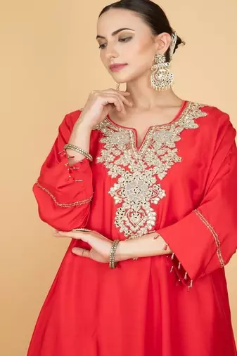 Red floral embroidered cotton silk Kurta Set