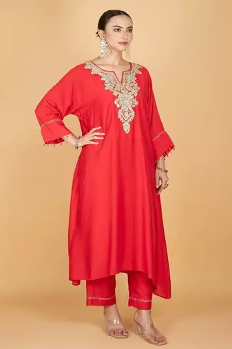 Red floral embroidered cotton silk Kurta Set