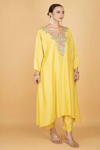 Yellow floral embroidered cotton silk Kurta Set