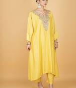Yellow floral embroidered cotton silk Kurta Set