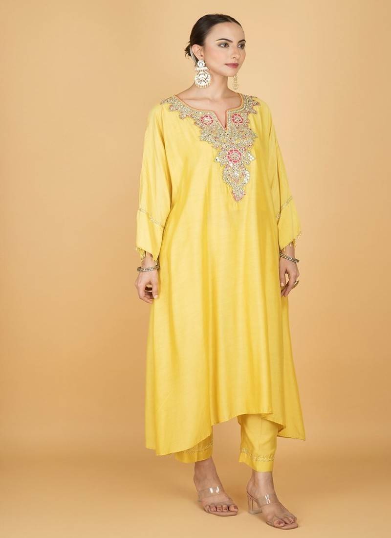 Yellow floral embroidered cotton silk Kurta Set