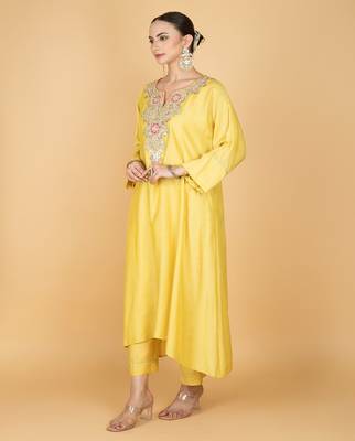 Yellow floral embroidered cotton silk Kurta Set 2