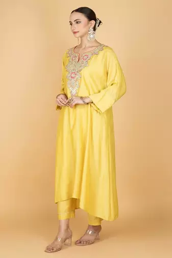 Yellow floral embroidered cotton silk Kurta Set