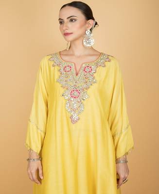 Yellow floral embroidered cotton silk Kurta Set 3