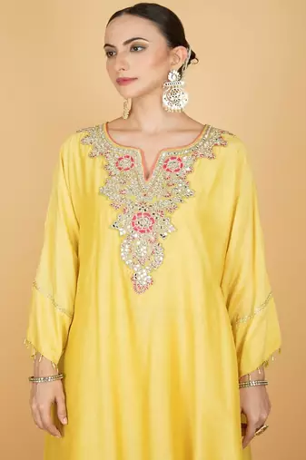 Yellow floral embroidered cotton silk Kurta Set