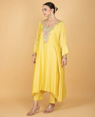Yellow floral embroidered cotton silk Kurta Set 4