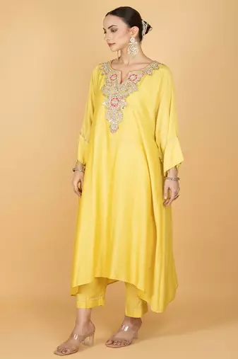 Yellow floral embroidered cotton silk Kurta Set