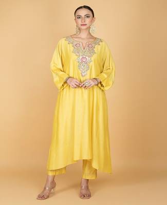 Yellow floral embroidered cotton silk Kurta Set 5