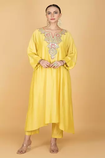 Yellow floral embroidered cotton silk Kurta Set