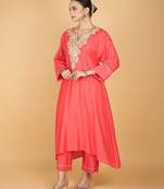 Pink floral embroidered cotton silk Kurta Set