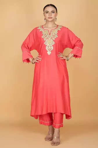 Pink floral embroidered cotton silk Kurta Set
