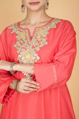 Pink floral embroidered cotton silk Kurta Set