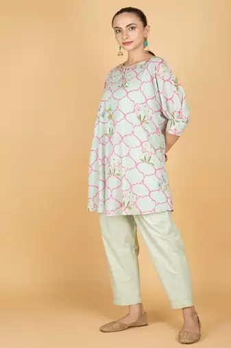 Green floral printed cotton kurta set