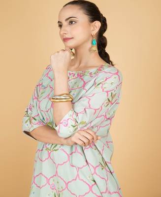 Green floral printed cotton kurta set 3