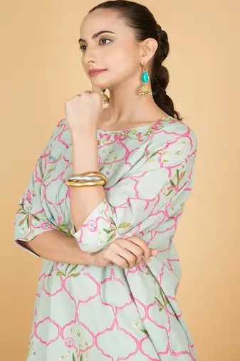 Green floral printed cotton kurta set