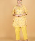 Yellow floral printed cotton kurta set