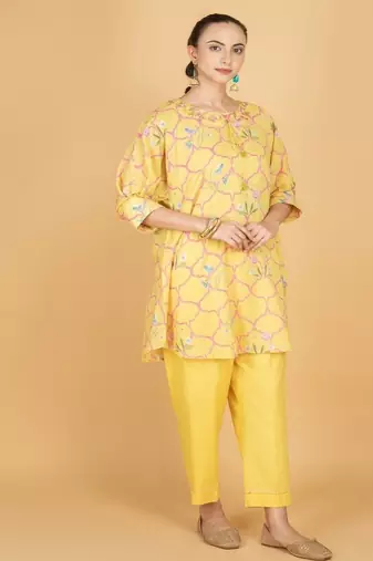 Yellow floral printed cotton kurta set