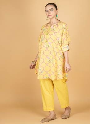Yellow floral printed cotton kurta set 3